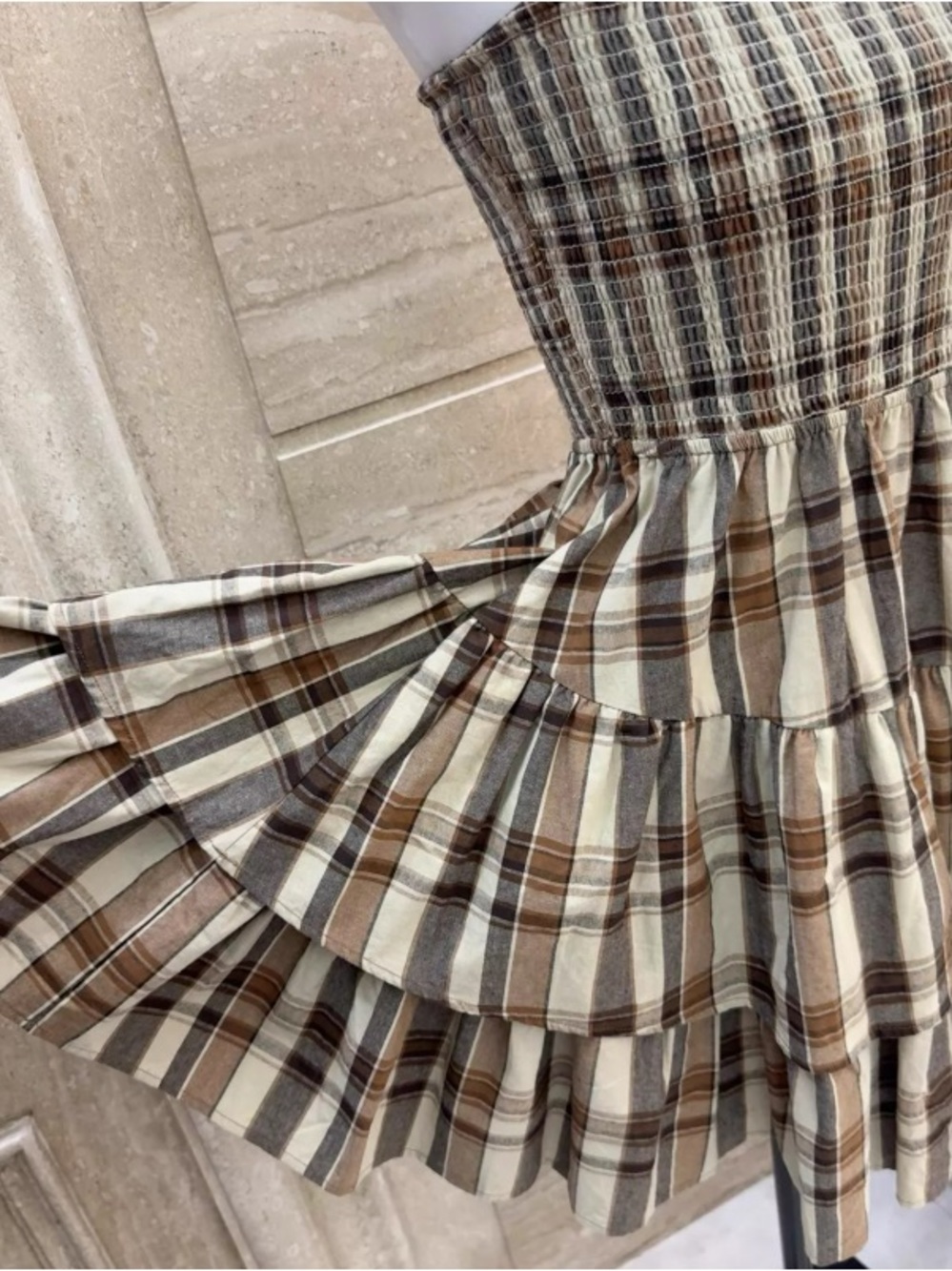 Smocked Strapless Plaid Tiered Dress - Beige & Brown - Picture 4 of 4